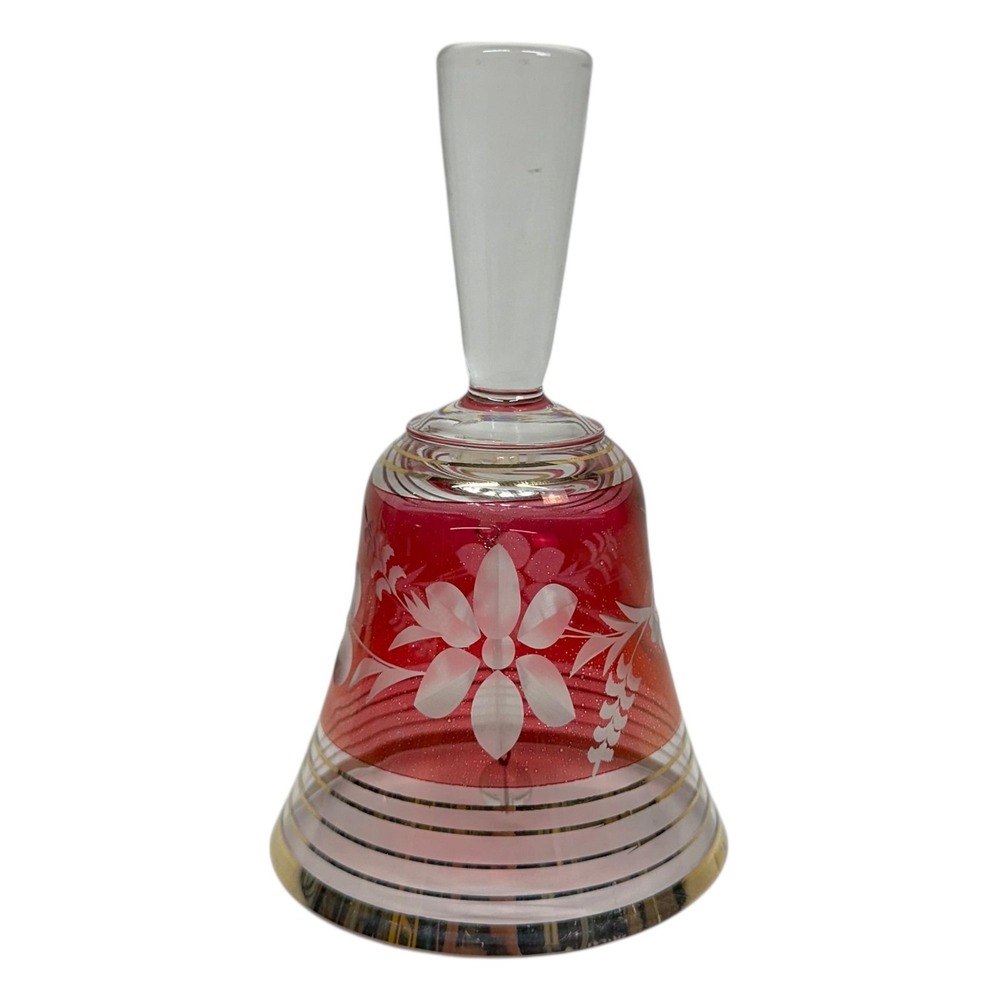 Srpska Fabrika Stakla Cranberry Cut To Clear Glass Bell Floral Etched Gold Bands